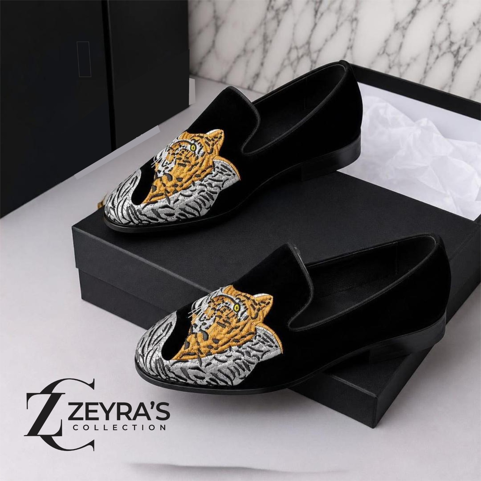 Zeyra Monarch Velvet Loafers – Luxury Men's Tiger Embroidered Shoes